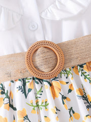 Girls Orange Flowers Embroidery Shirt Dress With Belt
