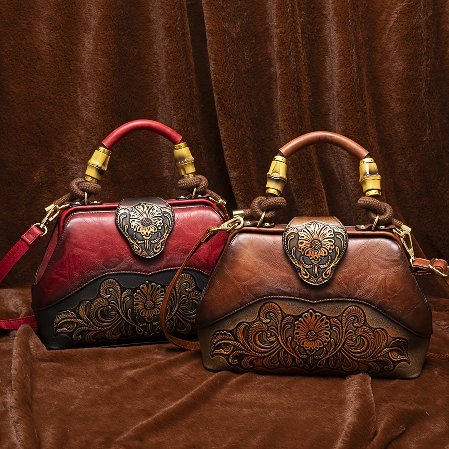 Vintage Style Handbag with Flower Pattern PU Material Shoulder Bag