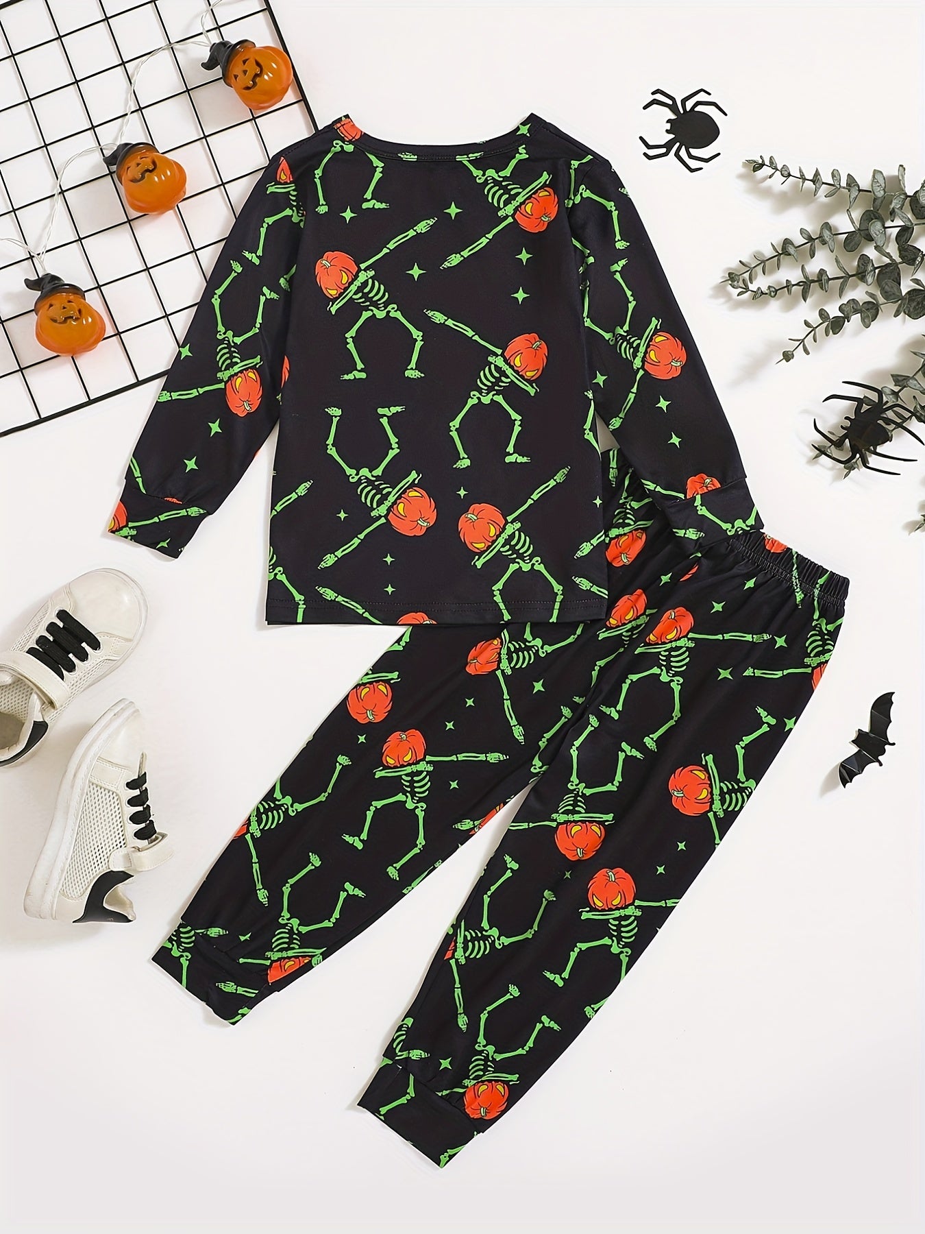 Boys Halloween 2pcs Sweatshirt & Sweatpants Set Pumpkin Skeleton Print