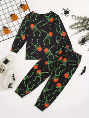Boys Halloween 2pcs Sweatshirt & Sweatpants Set Pumpkin Skeleton Print
