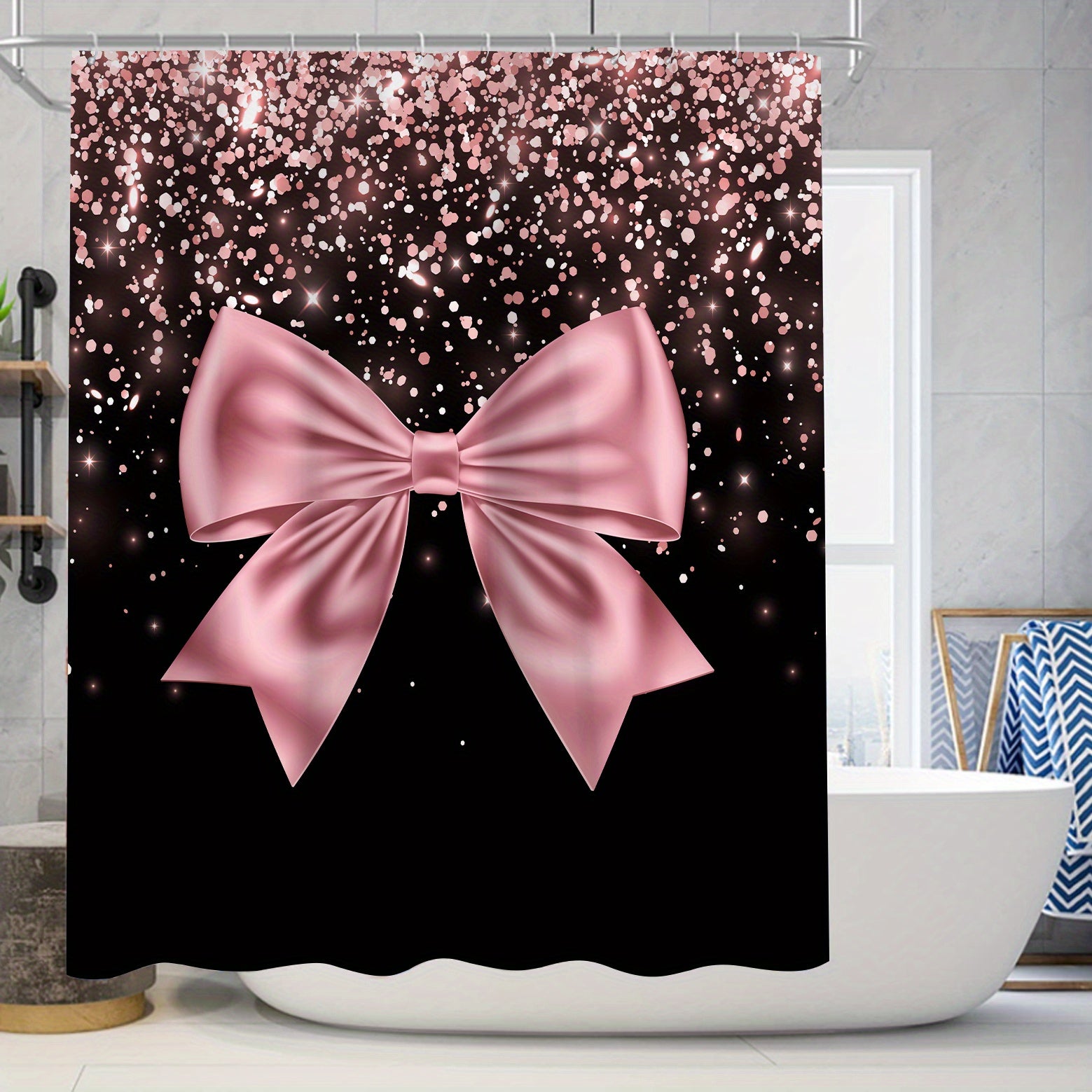 Pink Glitter Drip Shower Curtain Set