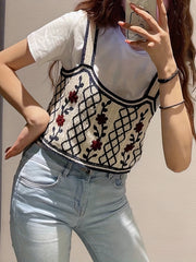 Flower Embroidered Crop Tank Top Casual Beach Wear Contrast Trim Tank Top