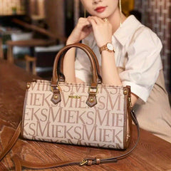 Beige Split Leather Tote Bag with VIKING Print Removable Strap Zipper Closure