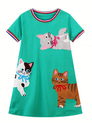 Toddler Girls Cartoon Cat Embroidery Cotton Casual Dress