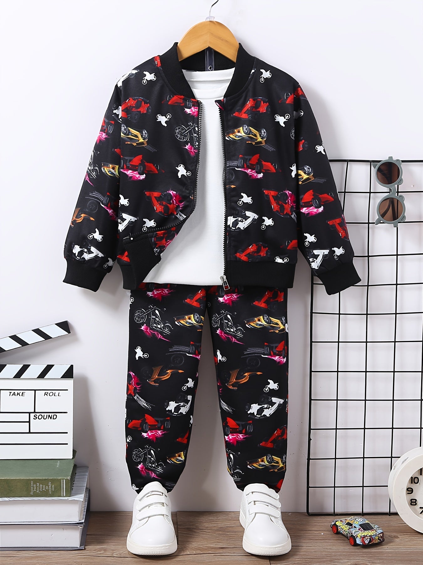 Boy's Anime Vehicle 2pcs Jacket and Sweatpants Set for Spring Fall