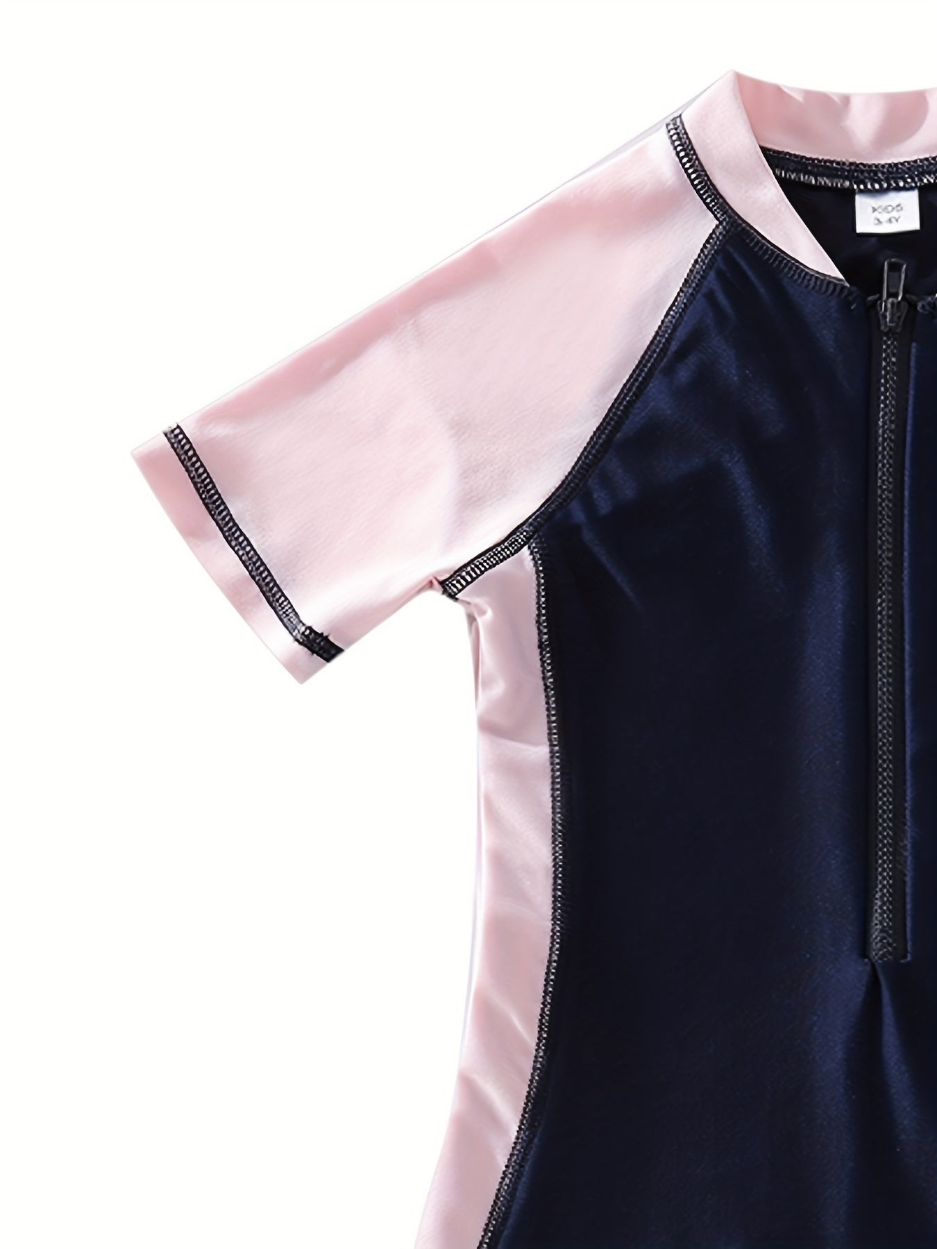 Toddler Girls Block Zipper Short Sleeve Stand Collar Swimsuit