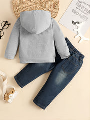 Kids Casual Letter Print Hooded Sweatshirt & Ripped Denim Pants Set