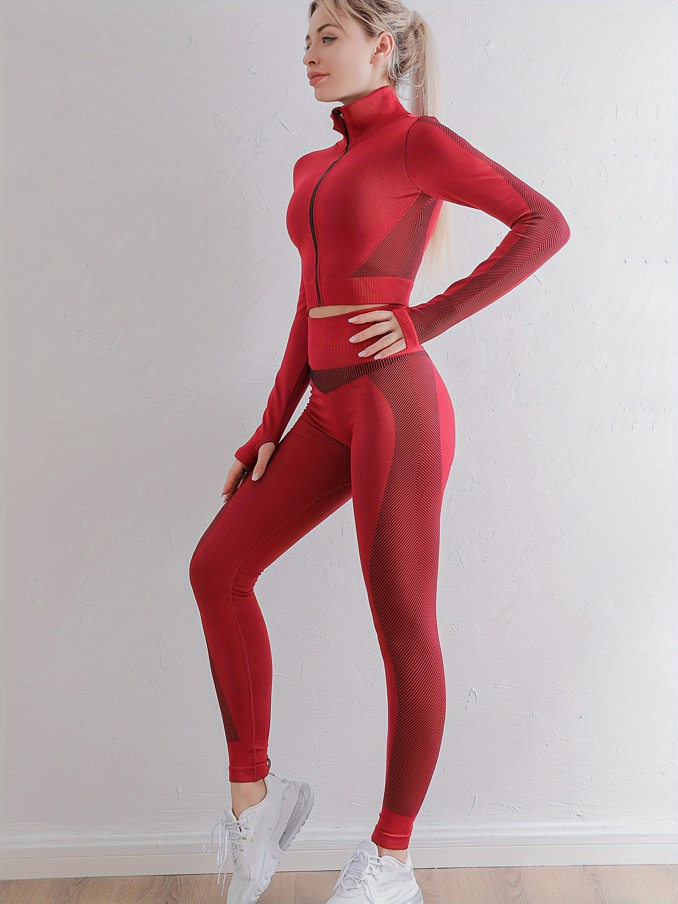 Yoga Workout Set Long Sleeve Zip Sports Top & Butt Lifting Leggings