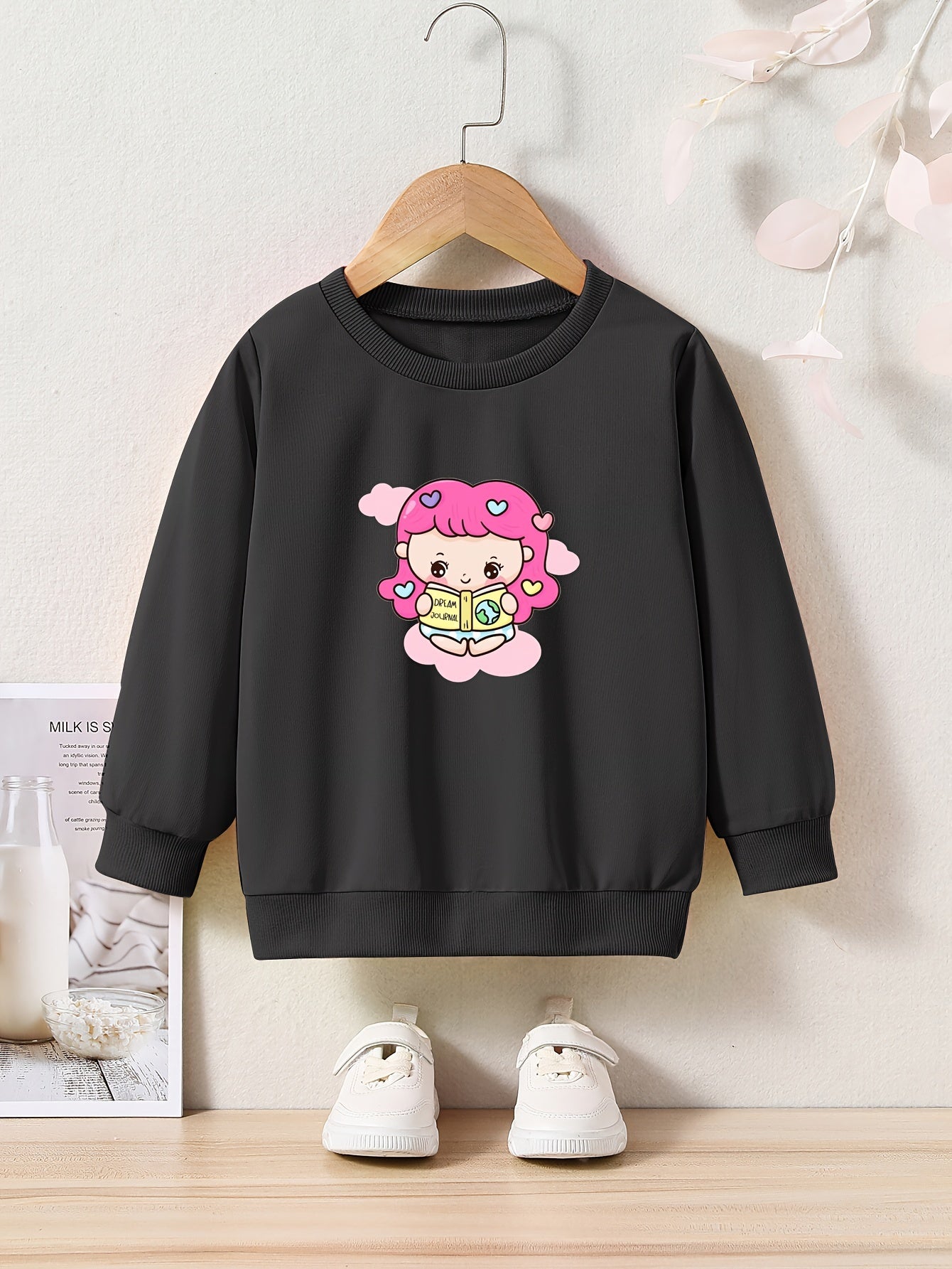 Lovely Studying Girl Graphic Crew Neck Long Sleeve Sweatshirt Kids Clothes