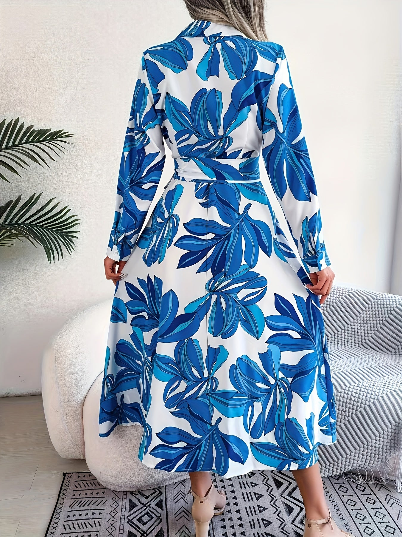 Tropical Print Long Sleeve Maxi Shirt Dress