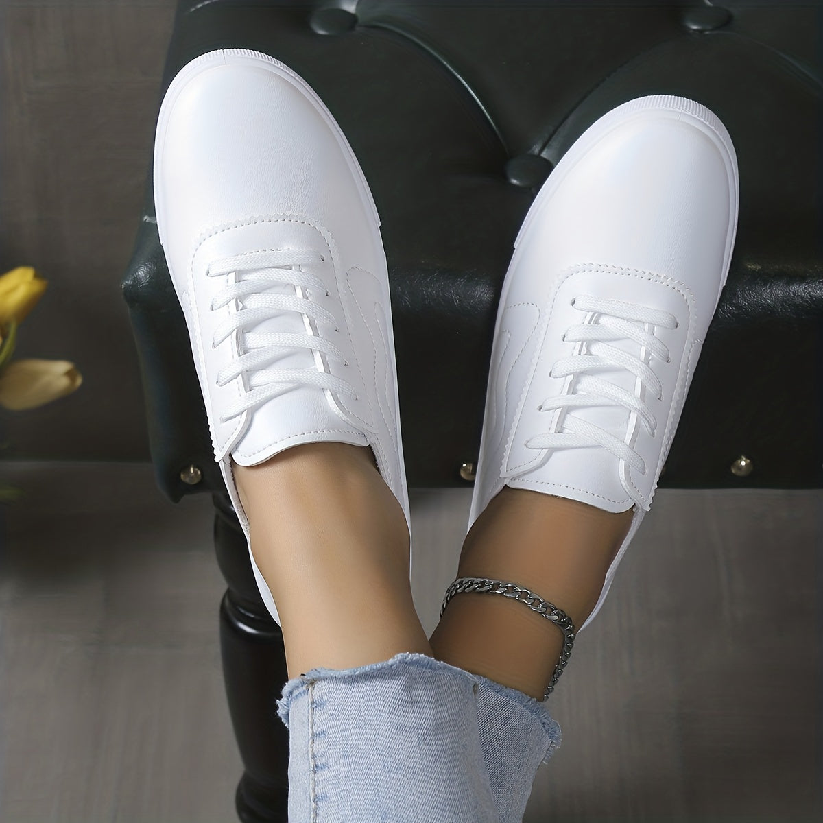 Women's Lace-Up Sneakers Low Top Faux Leather Shoes