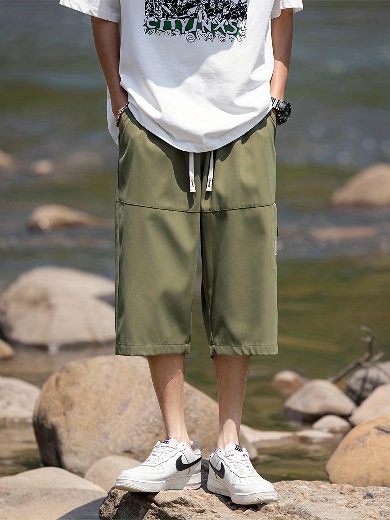 Men's Comfy Drawstring Long Shorts Zipper Pocket Summer Outdoor