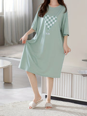 Heart Print Nightdress Short Sleeve Crew Neck Women's Sleepwear