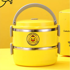 Insulated Stainless Steel Lunch Box Yellow Duck Pattern 3 Layers Soup Container