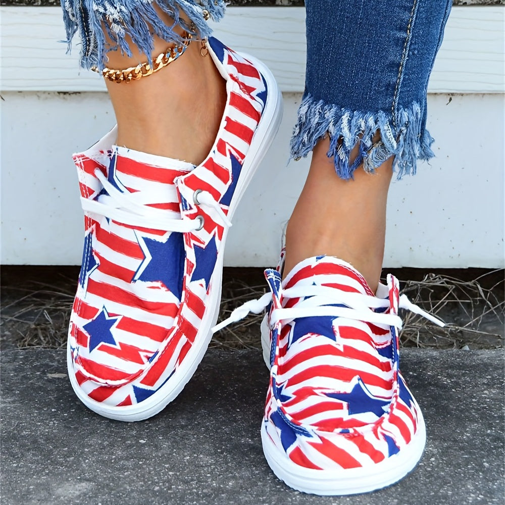 Women's Star & Stripe Pattern Walking Shoes Independence Lace Up Canvas Shoes
