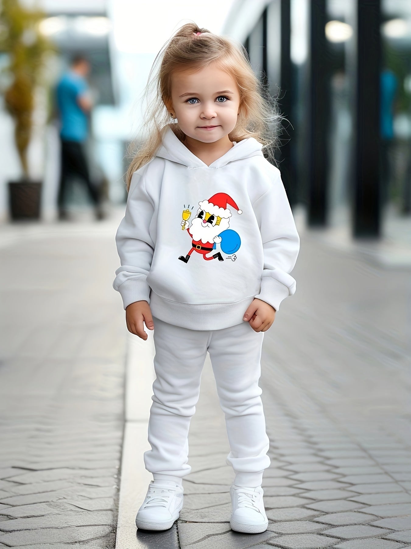Santa Print 2pcs Girls Hoodies Jogger Pants Set For Sports Spring Fall