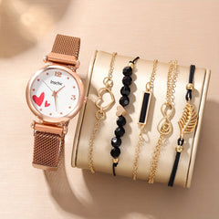Heart Rhinestone Quartz Watch & 5 Bracelet Children's Set