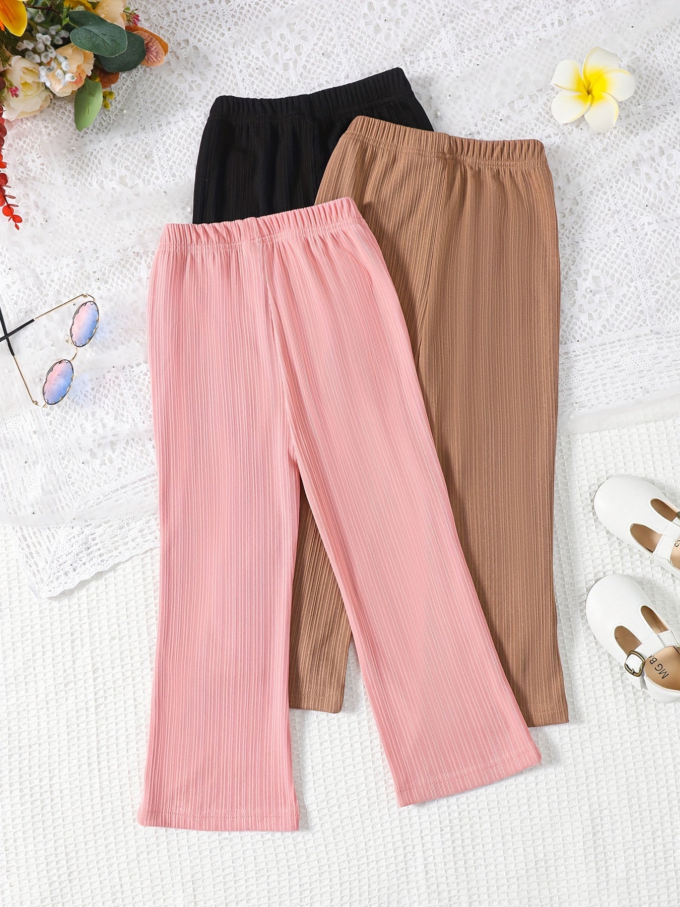 3 Pack Girls Casual Flared Pants Plain Colors Summer Comfort