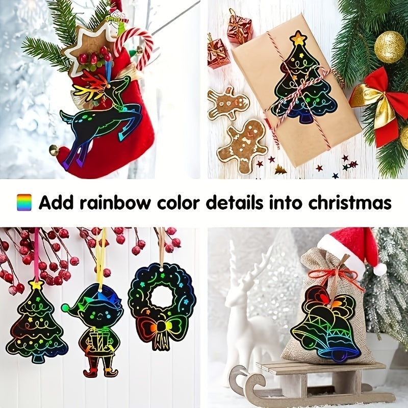 48pcs Rainbow Scratch Christmas Ornaments with Ribbons & Styluses