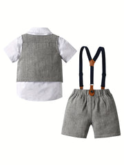 4pc Boys Formal Suits Short Sleeve Shirt Bowtie Shorts Suit Vest