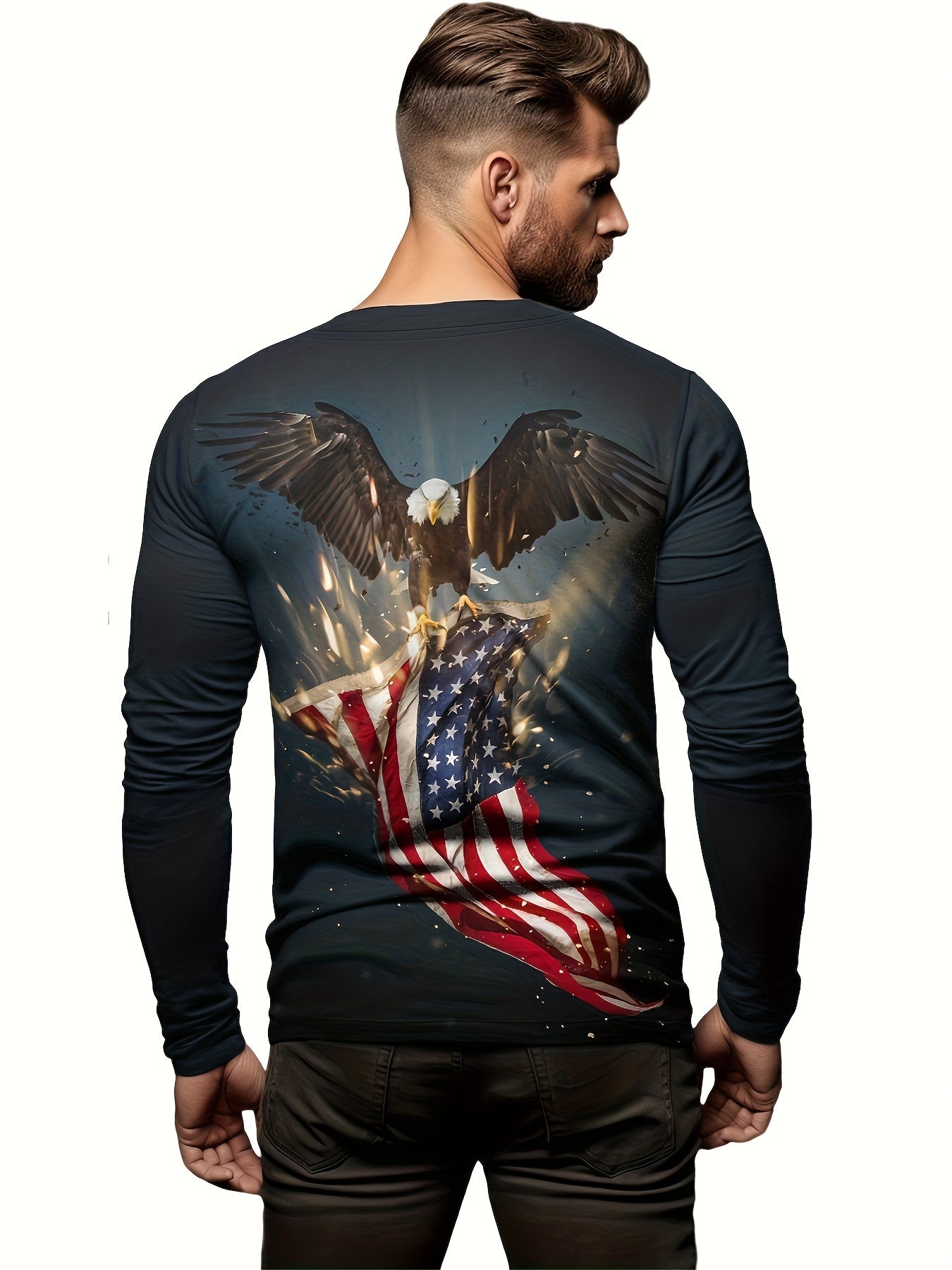 Eagle & Flag Print Men's Long Sleeve Tee for Autumn