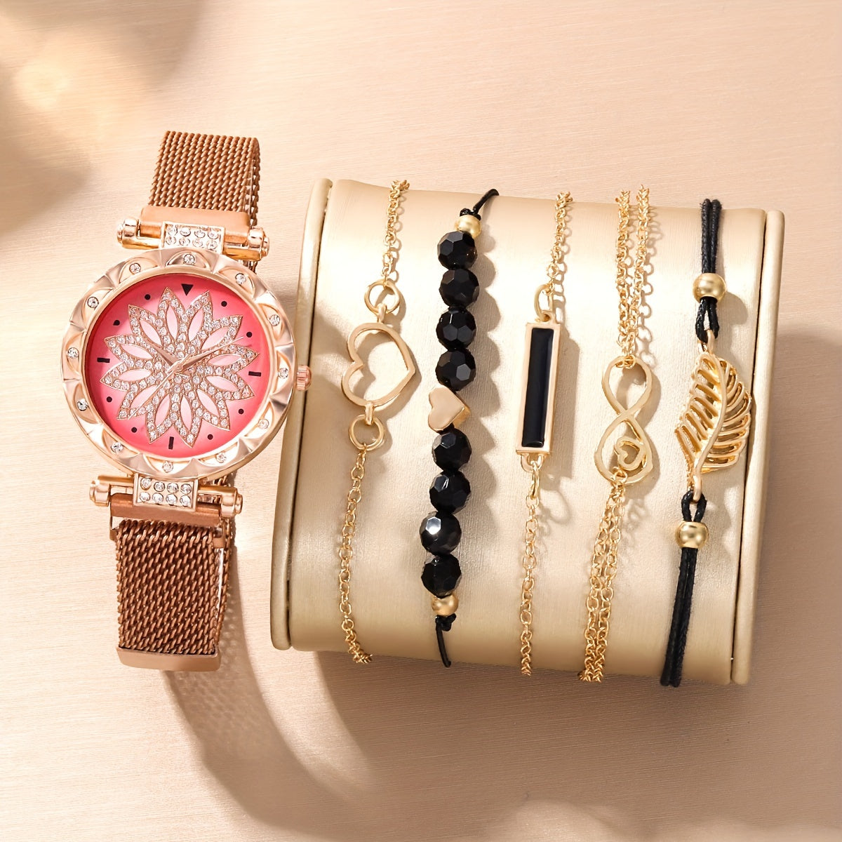 Digital Rhinestone Quartz Watch & 5pcs Bead Bracelet Set