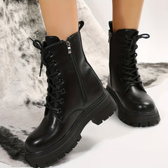 Women's Platform Combat Boots Round Toe Chunky Low Heeled Boots