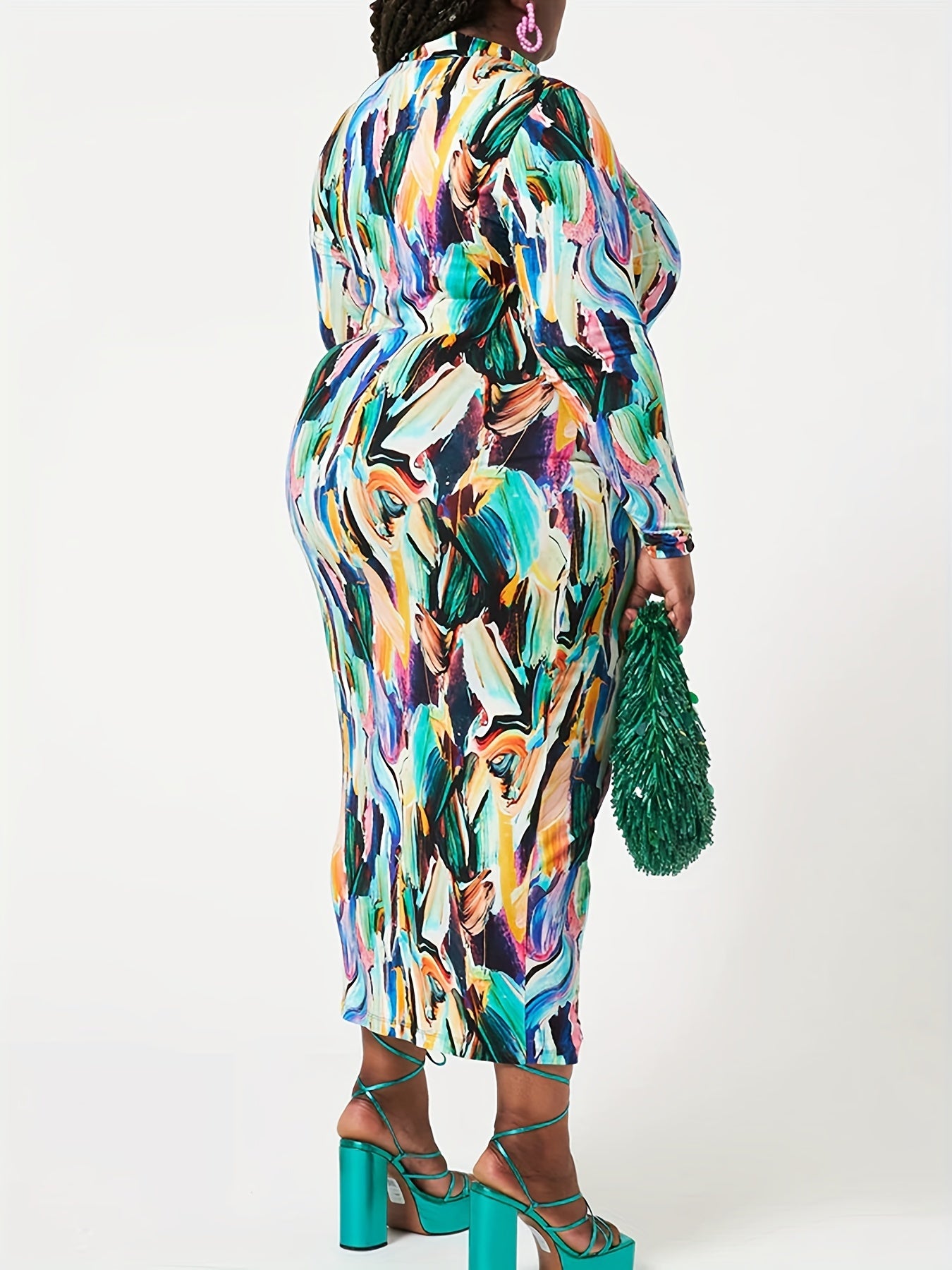 Allover Print Long Sleeve Mock Neck Dress