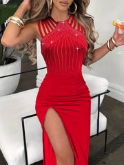 Rhinestone Maxi Party Dress Split Thigh Sleeveless