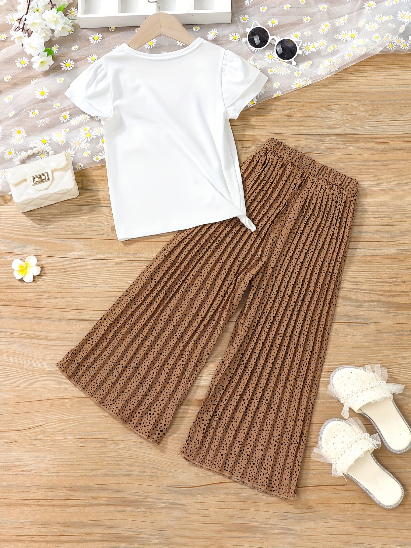 Girl Portrait Pattern T shirt & Polka Dot Pants Set For Holiday