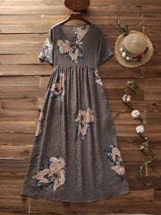 Floral Print V-Neck Dress Button Detail Short Sleeve Plus Size