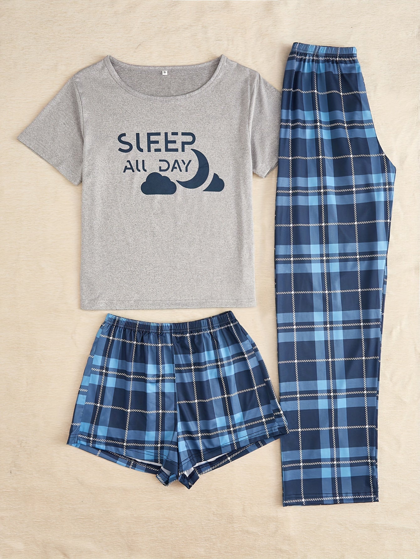 3pc Letter & Plaid Pajama Set Short Sleeve Tee & Shorts Lounge Pants