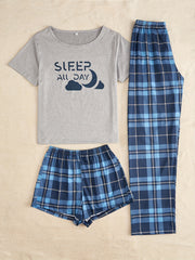 3pc Letter & Plaid Pajama Set Short Sleeve Tee & Shorts Lounge Pants