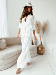 Solid Button Up Blouse & Wide Leg Pants Set
