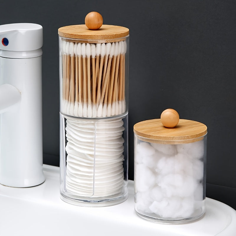 Cotton Swab Storage Box with Bamboo Cover Makeup Removal Container
