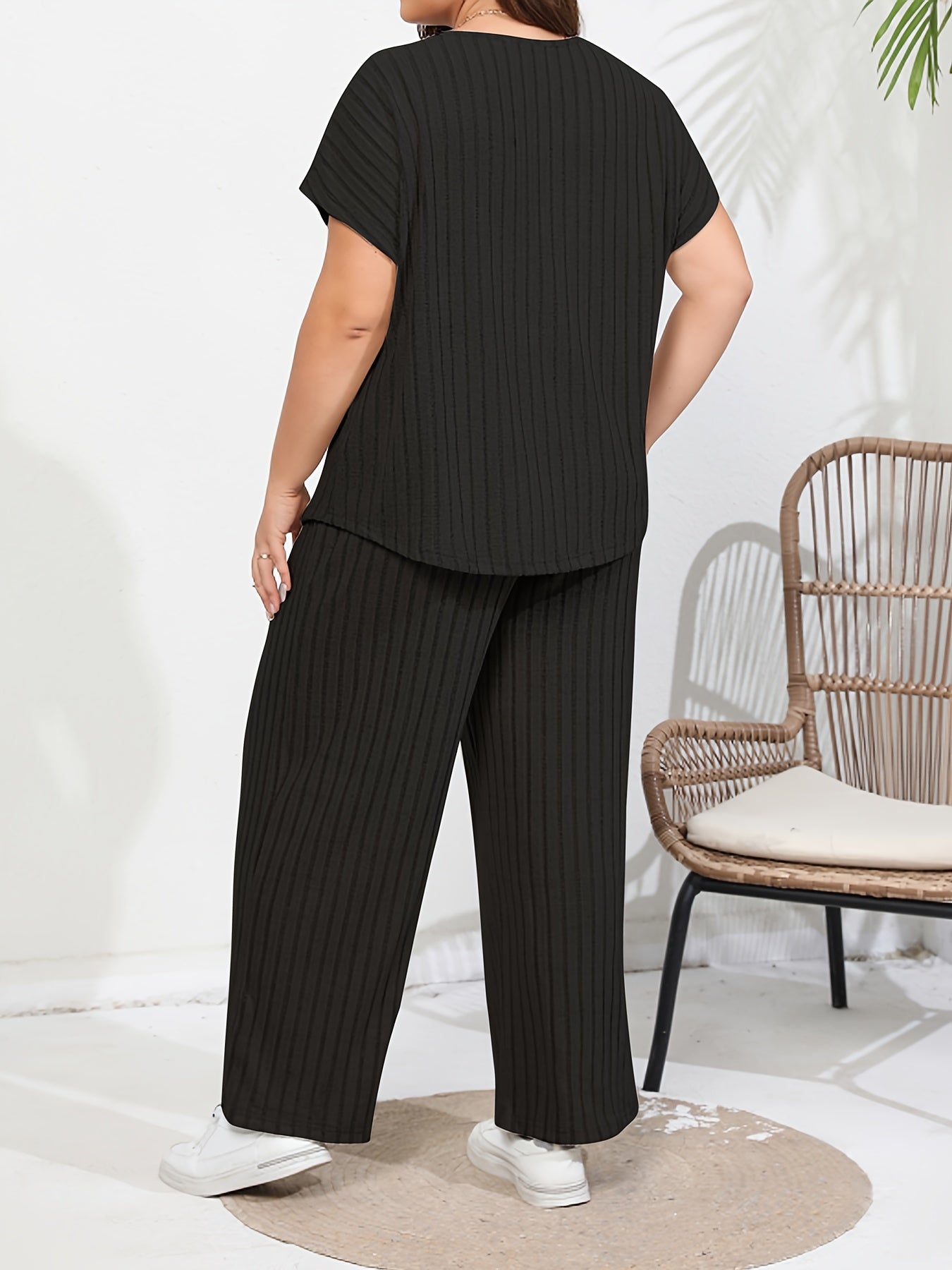 Solid Ribbed Batwing Sleeve Round Neck Top & Wide Leg Pants Set