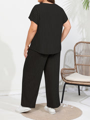 Solid Ribbed Batwing Sleeve Round Neck Top & Wide Leg Pants Set