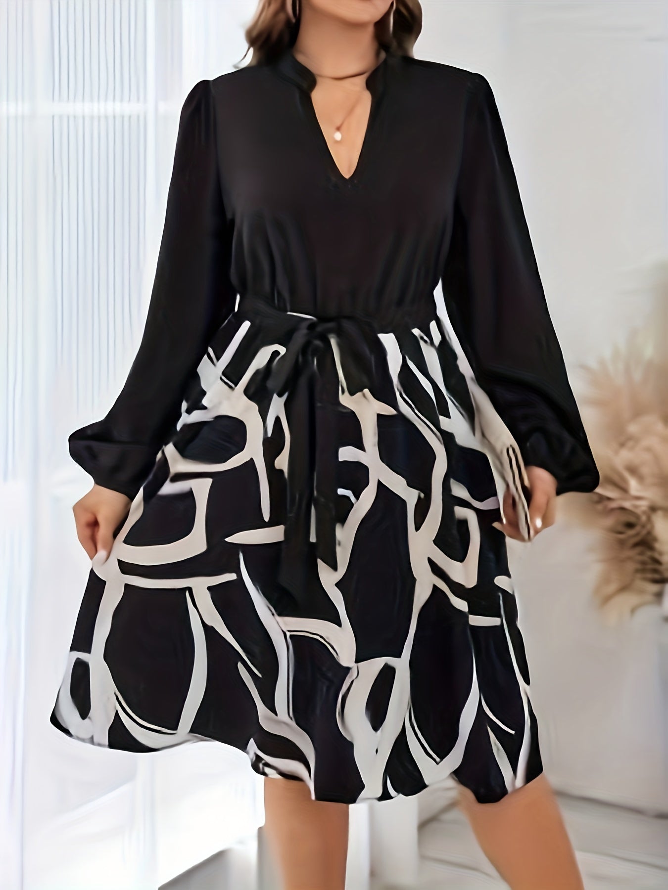 Colorblock Abstract Stripe Print Lantern Sleeve Belted Dress