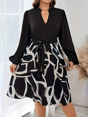 Colorblock Abstract Stripe Print Lantern Sleeve Belted Dress