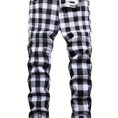 Plaid Slim Fit Jeans Mens Casual Stretch Denim Pants