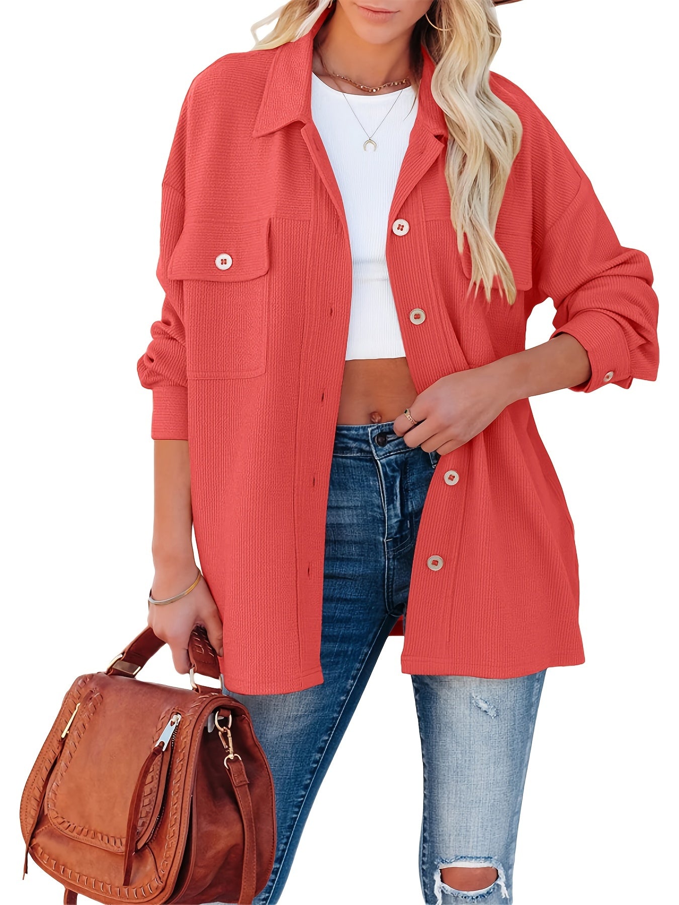 Corduroy Dual Pockets Jacket Lapel Open Front Jacket Women