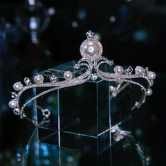Faux Pearl Silvery Headband Rhinestone Crown Bridal Hair Accessory
