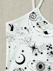 Y2K Backless Cami Top Planet Print Crop Spaghetti Top