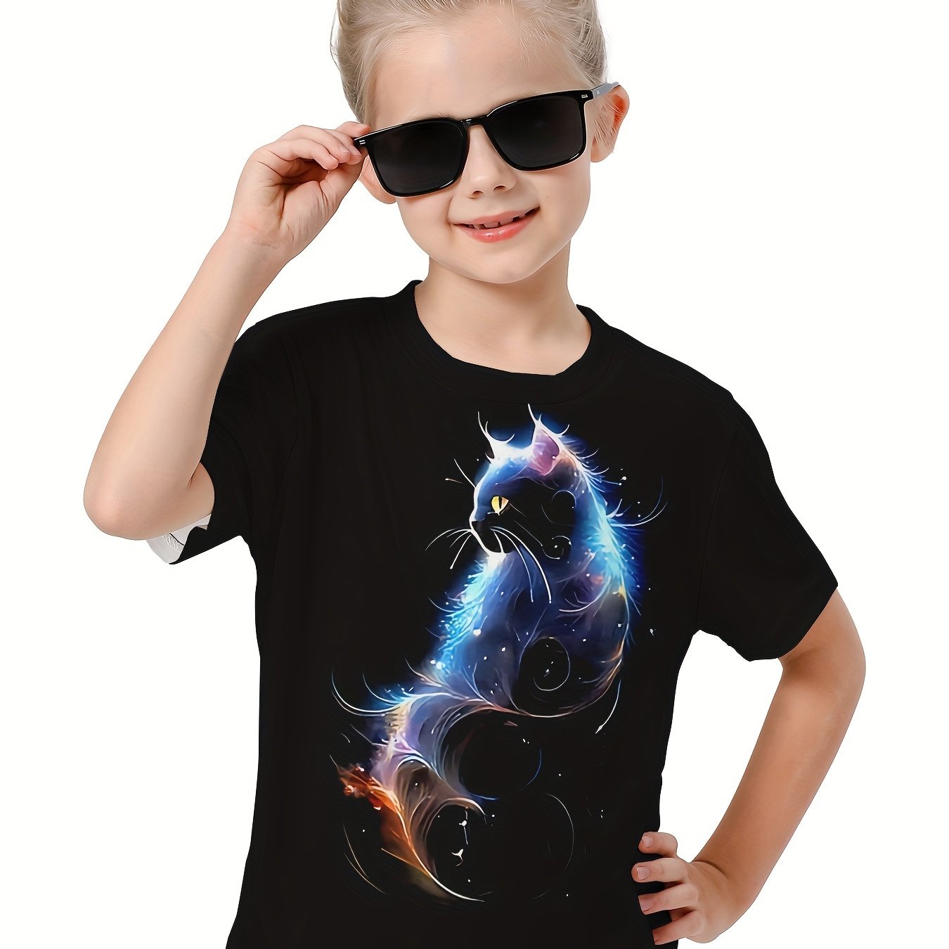 Girls Boys 3D Cat Graphic Short Sleeve T shirt Breathable Comfy Pullover Tops