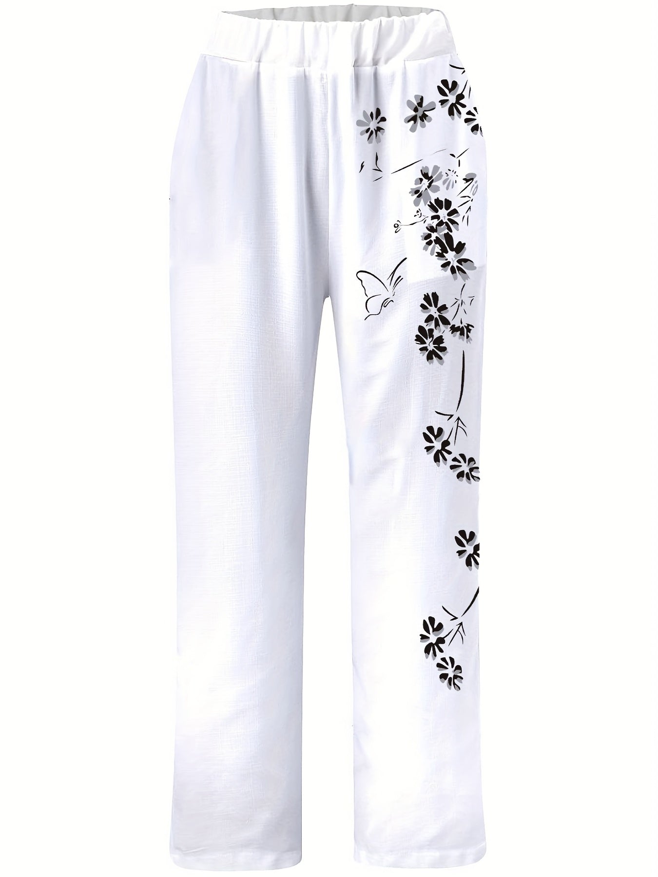 Butterfly & Flower Print Elastic Waist Pants for Women