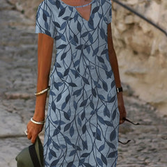 Leaf Print Cut Out Front Short Sleeve Dress