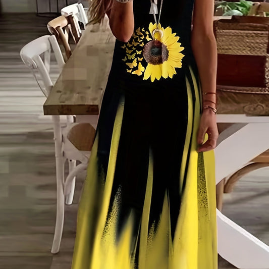 Colorblock Sunflower & Butterfly Print V Neck Maxi Dress