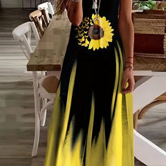 Colorblock Sunflower & Butterfly Print V Neck Maxi Dress