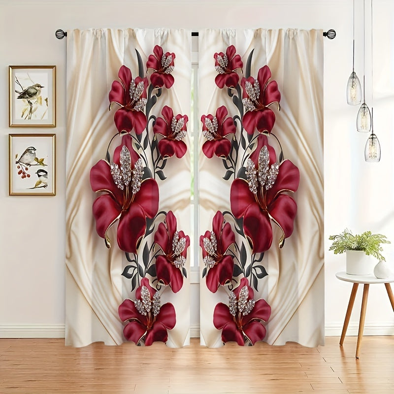 Blackout Red Rose Polyester Curtains for Home Decoration