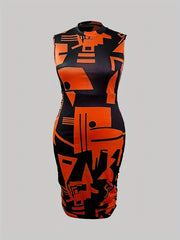 Geometric Print Mock Neck Midi Tank Dress